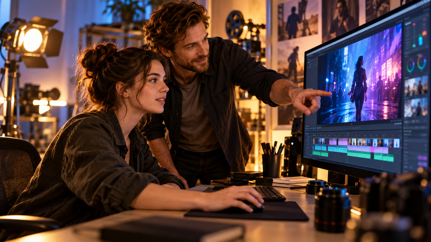 An instructor guiding a student through film editing, with both people and their screen visible